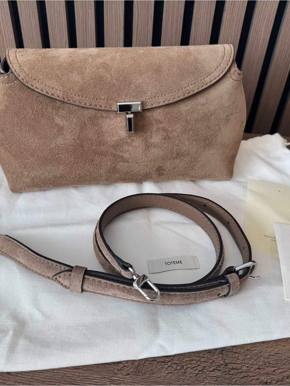 Toteme T-Lock Suede in Tobacco Clutch and Crossbody Bag with Silver Hardware